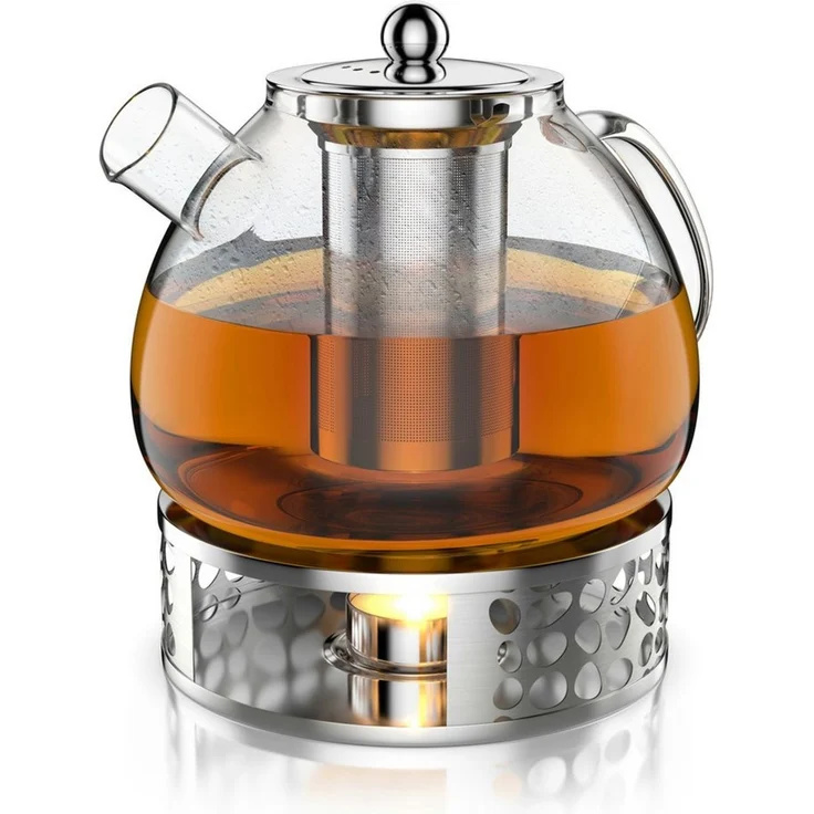 Arendo Teekanne Glas Teebereiter mit Stövchen, Früchtetee, Sieb für losen Tee, Kräuter, 1,5 l, (Set, 3-St, Rechaud, Glaskanne, Teesieb), Borosilikatglas, Tischkocher, Edelstahlsieb, hitzebeständig, Geschenk – Bild 1