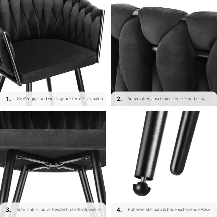 tectake Esszimmerstuhl Astano (6er Set, 6 St), gepolstert, mit Samtbezug, Knotendesign – Bild 7