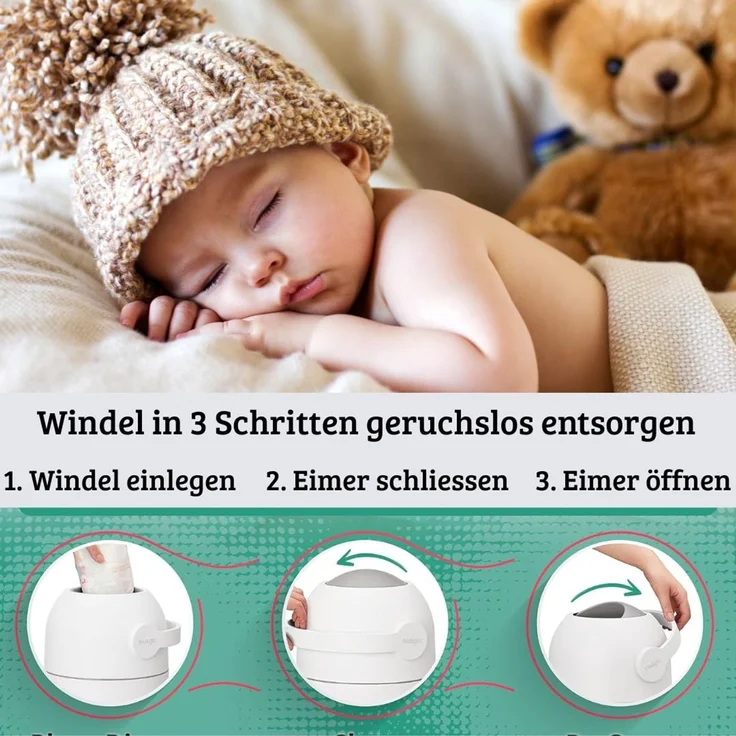 Set Magic Windeleimer Majestic & Windel Blaubär | Diaper Keeper mit Geruchsstop-System | bis zu 15 Windeln | keine Nachfüllkassetten nötig | Mülleimer für Baby Windeln | Einhandbedienung – Bild 4