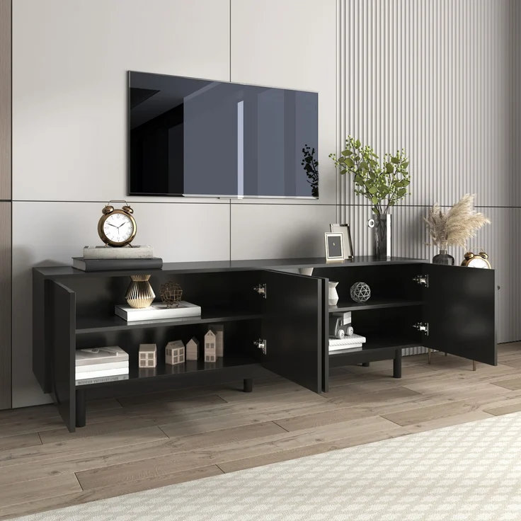 TV-Schrank Schwarz 175 x 38 x 56 cm mit 4 Türen Push-to-Open Stauraum – Bild 8