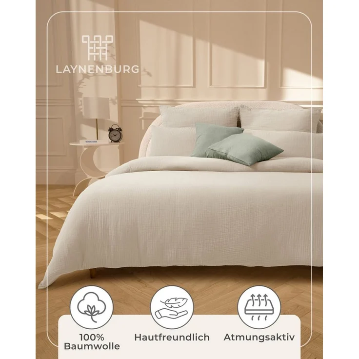 Laynenburg Bettwäsche Musselin aus 100% Baumwolle in 135x200 oder 155x220 cm, atmungsaktiv & bügelfrei – 2 lagig mit Reißverschluss & Haltebändern – Bild 4