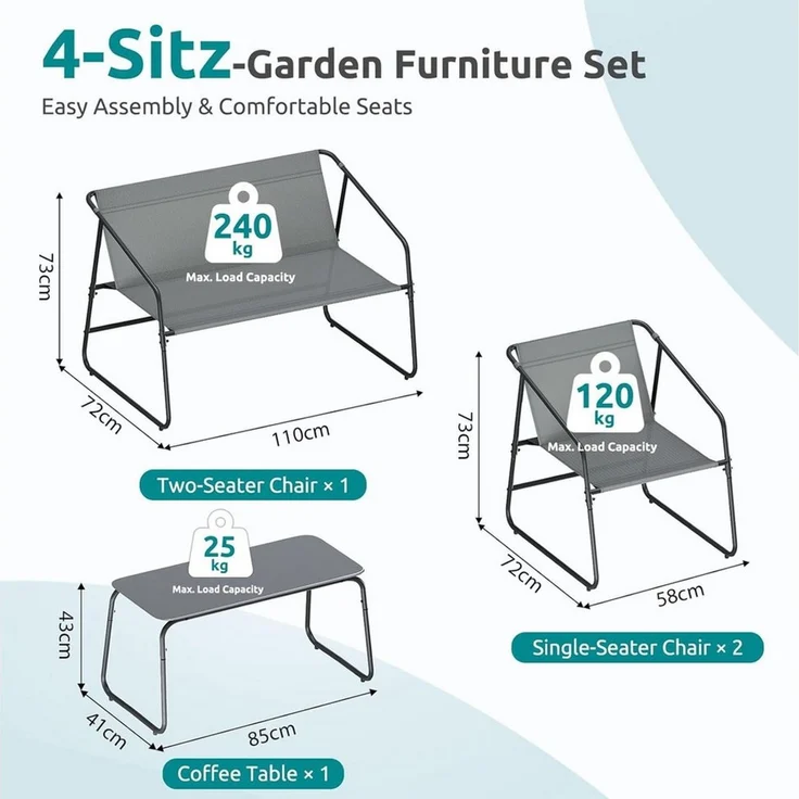 TLGREEN Gartenlounge-Set Gartenmöbel Set 4 Teilig, (Klapptisch und Stühle Set für 4 Personen, Textilene Balkonmöbel mit 2er Sofa, 2 Stühlen & Glastisch), Wetterfeste Outdoor Sitzgruppe für Terrasse Garten – Bild 2