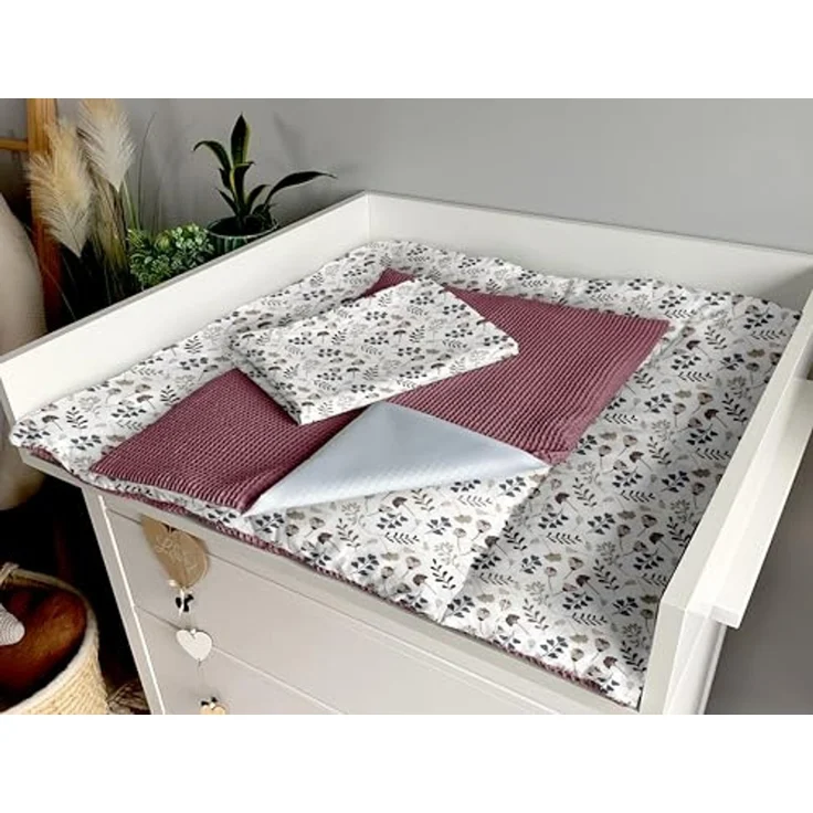 Wickelauflage Set 6-teilig – Wickelunterlage aus Baumwolle & Waffelstoff – Baby Wickelauflage – Geschenk zur Babyparty – Wickeltischauflage – 85x75 cm (Breite x Tiefe), Zweige und Beerenfarbe – Bild 7