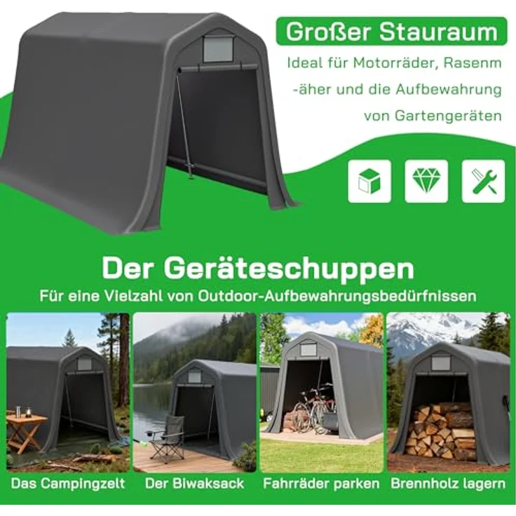 Ball & Cast Fahrradgarage wetterfest Geräteschuppen mit Belüftungsfenster Carport Zelt mit UV-Schutz Fahrradschuppen für Regenschutz Motorrad Garage Gartenhaus Grau, 213×366×225 cm – Bild 4