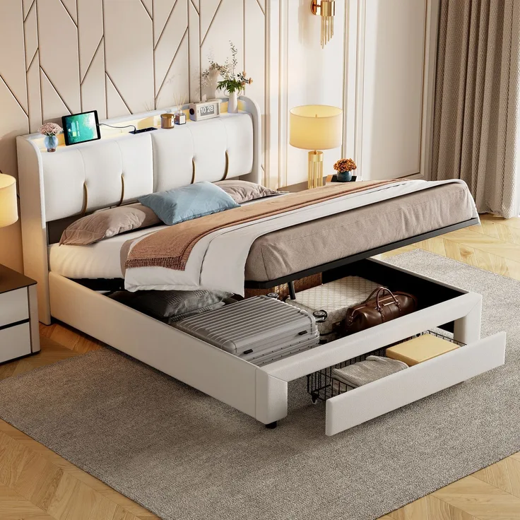 Pressure bed with storage function, light strip and USB charging port, double bed 140 * 200cm beige velvet European standard charger