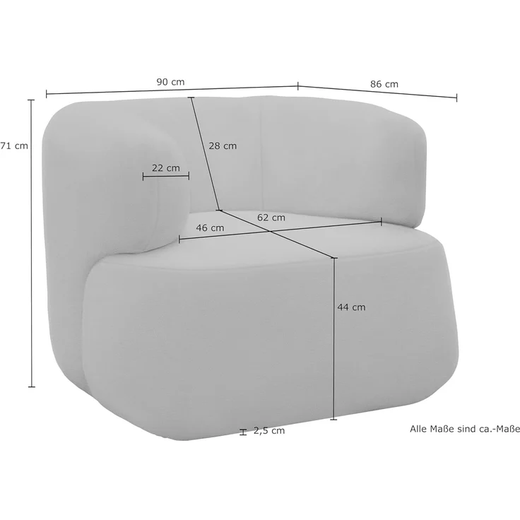 DOMO. collection Sessel 800012, Polstersessel, organische Form, gepolsterte Rückenlehne, Rücken in Oberstoff, Armsessel, Cocktailsessel, Loungesessel, 90 x 86 x 71 (BxTxH), creme – Bild 2
