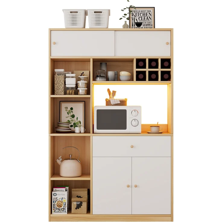 ZUBALIYA Buffetschrank 115x35x180 cm, mit LED-Beleuchtung, aus Spanplatte, Weiß / Natur – Bild 20