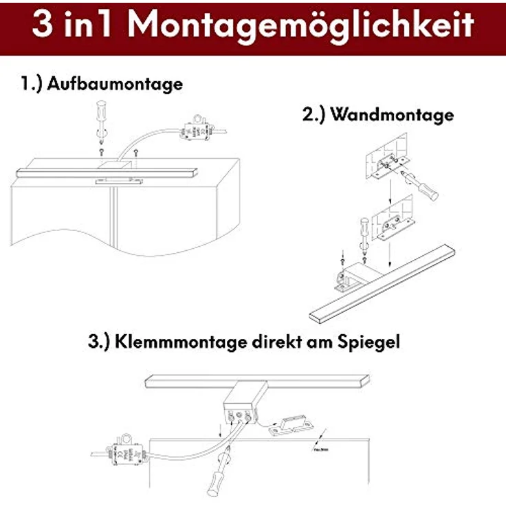 kalb LED Spiegelleuchte 100cm LED Badleuchte Badlampe Spiegellampe 230V, silbergrau, neutralweiß – Bild 4