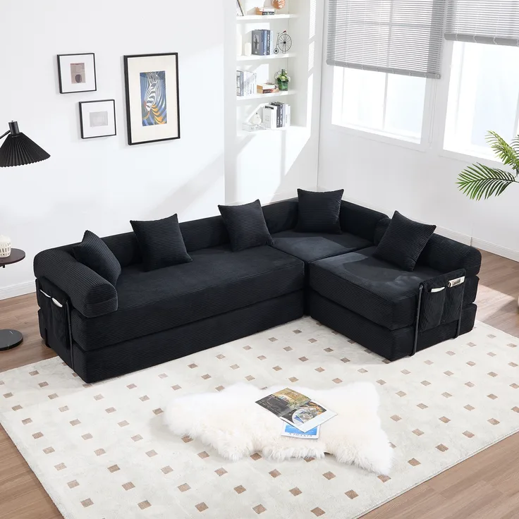 Familiensofa, mit Stauraum & modularer Funktion vakuumverpackt für mühelose Montage frei kombinierbare Module haustierfreundlich, Schwarz,