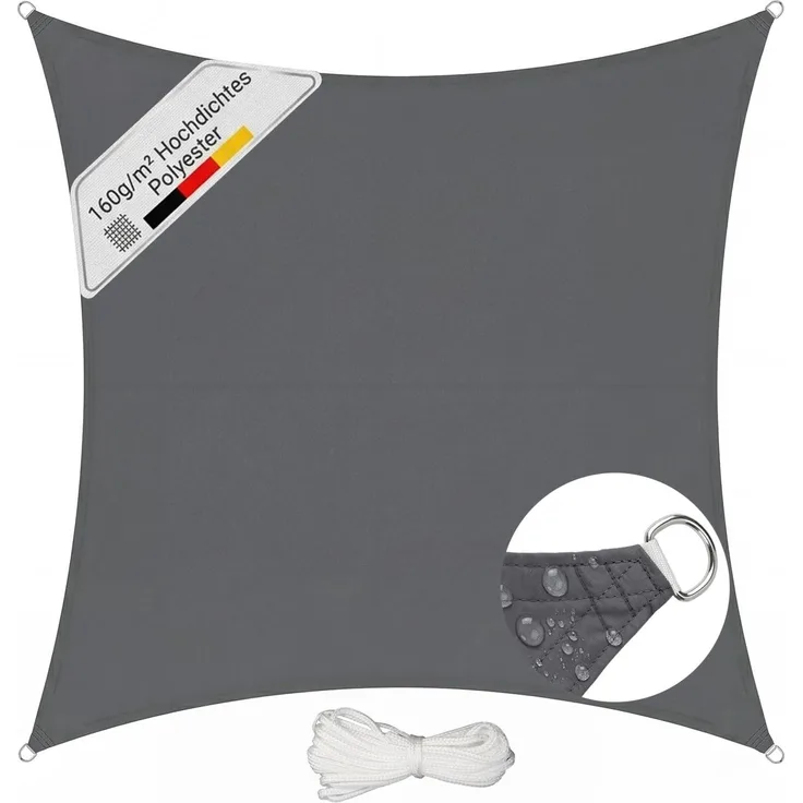 Sunula Sonnensegel Wasserdicht 4x4 m Quadratisch – hochdichtes PES 160g/m², mit umlaufendem Gurtband & Edelstahl-Ringen, Nahtversiegelung & bis zu 95% UV-Schutz, für Balkon Terrasse Garten, Anthrazit