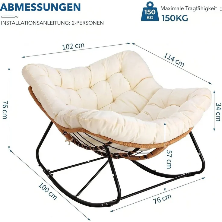 TLGREEN Schaukelstuhl mit Rattan,elegante Eiform, leiser Schaukelkomfort,dickem Abnehmbar Polster & Metallrahmen, Belastung von 150kg – Bild 2