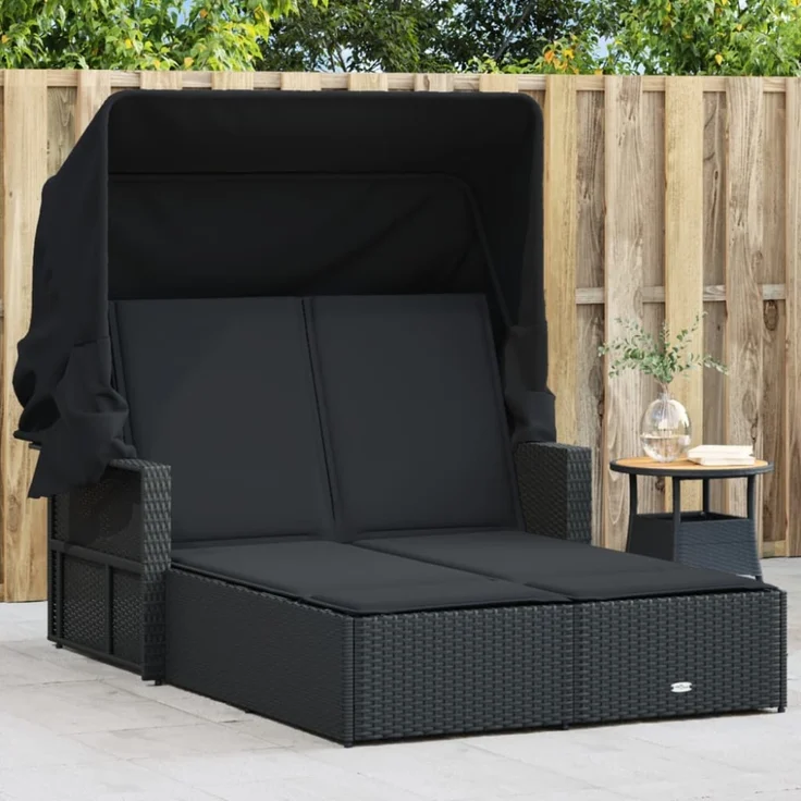 vidaXL Doppel-Sonnenliege mit Dach und Auflagen Schwarz Poly Rattan 365807 – Bild 1