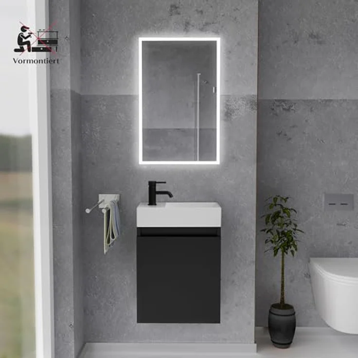 Alpenberger Badmöbel-Set Gäste WC Waschbecken mit Unterschrank - Badschrank Hängend, (2-tlg. Waschtisch Set Schwarz, Waschbeckenunterschrank mit Softclose), Waschplätze für Kleine Bäder - Badschrank Hängend und Vormontiert – Bild 3