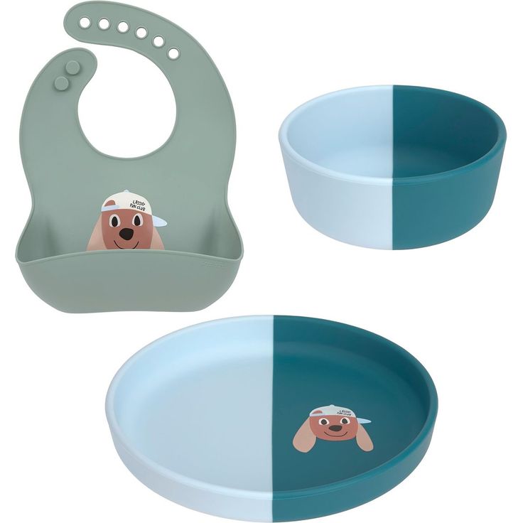 Lässig Tiny Team Esslern-Set Silikon, 3-teiliges Set mit Teller, Schale und Lätzchen, BPA-frei, ideal für 6-24 Monate