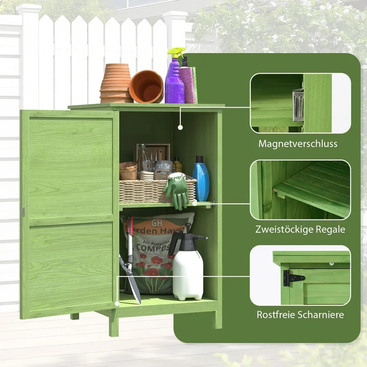 Aoxun Garten-Geräteschrank aus Holz, Gartenschrank für draußen mit verstellbaren Regalboden, Kleiner Holz-Gartenschuppen 55 x 54 x 100 cm, Grün – Bild 4