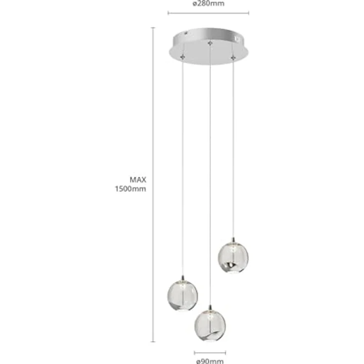 Lucande LED-Pendellampe Hayley, 3-flg. mit kugelförmigen Glasschirmen, Ø 25 cm, chrom, Blasenglas – Bild 7