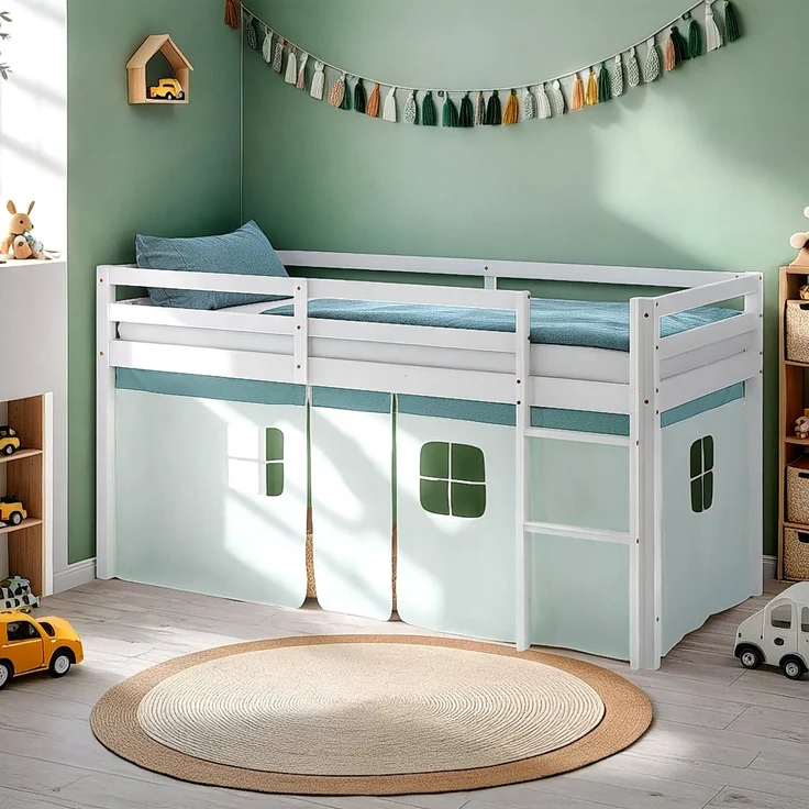 Hochbett Kinder 90x200 cm mit Matratze Kinderbett Kinderhochbett Stockbett Vorhang Grün Mintgrün Holz Massiv Lattenrost – Bild 7