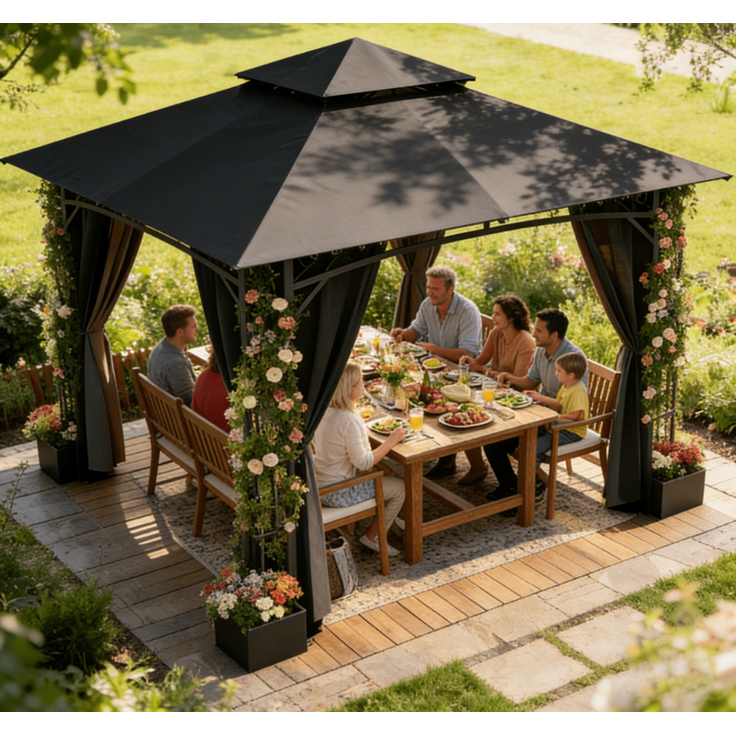 Devoko Gartenpavillon 300x300cm mit Doppeldach, Vorhängen & Blumenrahmen, wetterfest & UV-beständig, Schwarz