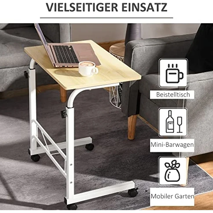 HOMCOM Beistelltisch höhenverstellbarer Couchtisch mit Rädern Feststellbremsen (C-Tische, 1-St, mobiler Endschreibtisch), Spanplatte Stahl Eisen Kunststoff, Weiße Ahornfarbe 60 x 40 x 68-78 – Bild 7