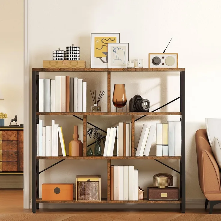 YITAHOME Bücherregal mit 4 Ebenen, Standregal 120cm Hoch Freistehendes Eck-Bücherregal, Offene Display-Aufbewahrung, Regale für Wohnzimmer Schlafzimmer Büro, Vintagebraun-schwarz