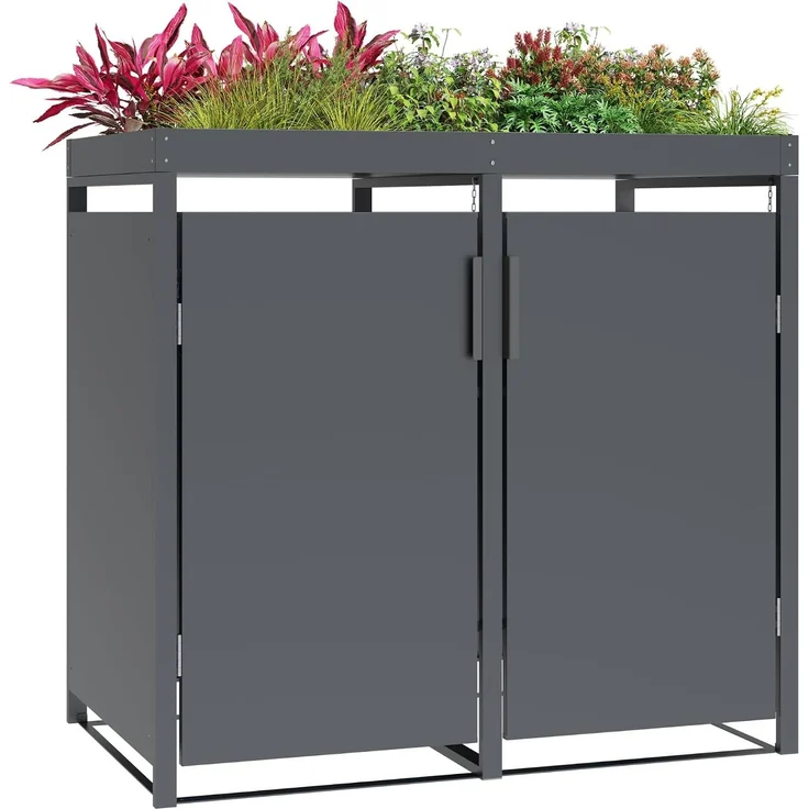 DEGAMO ULM Mülltonnenbox mit Pflanzwanne 4-er, Stahl verzinkt, anthrazit, 264x80x124cm für 4x Tonnen bis 240 Liter – Bild 4