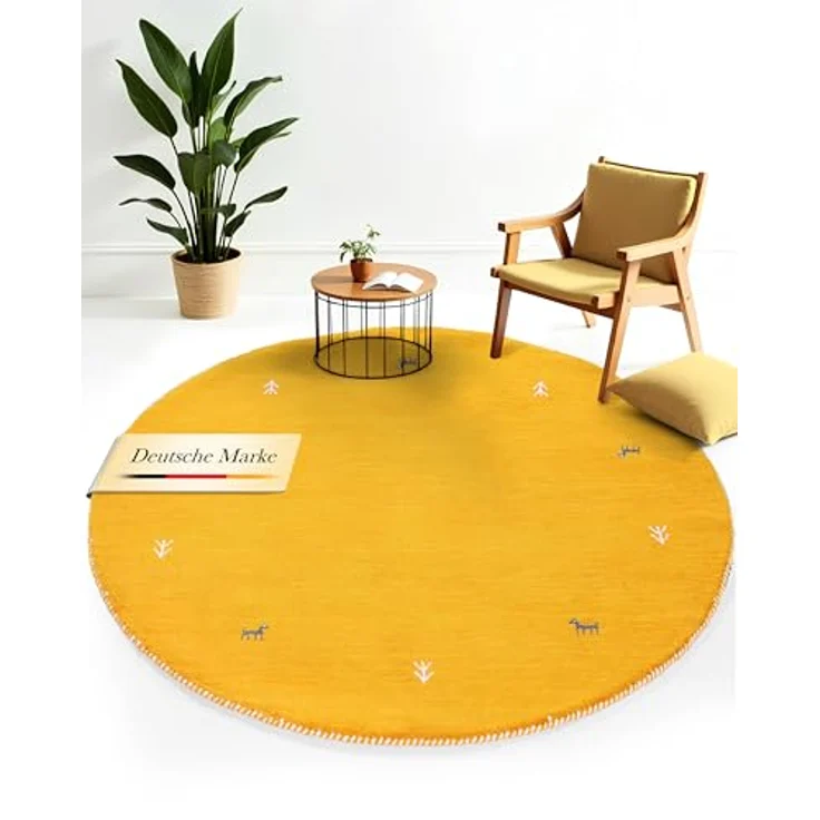 carpetfine 'Gabbeh Uni' Wollteppich, reine Wolle, Gelb, Ø 150 cm – Bild 2