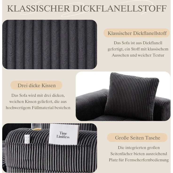 LVHOM Ecksofa 3 sitzer, Bodensofa mit Seitentaschen und Getränkehalter, Polstersofa aus Cordstoff, frei Kombination, Modulares Chaiselongue-Sofa-Set, 253x158x61 cm – Bild 6