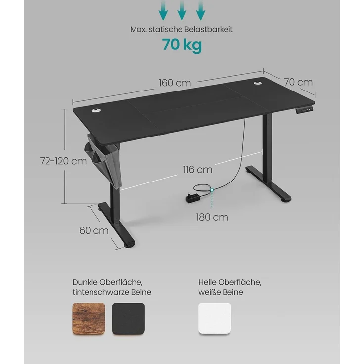 Songmics Höhenverstellbarer Schreibtisch elektrisch,70x160 x (72-120) cm, Verstellbarer Tisch, Memory-Funktion für 4 Höhen, für Homeoffice, Arbeitszimmer, tintenschwarz – Bild 2
