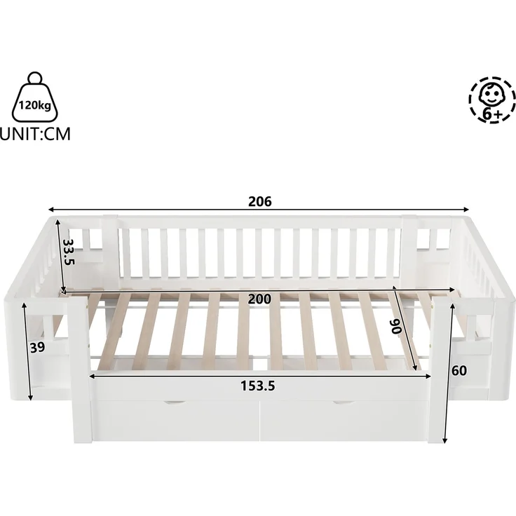 Merax Hochbett 90x200 Kinderbett, mit hohem Schutzgitter & zwei großen Schubladen, Weiß – Bild 4
