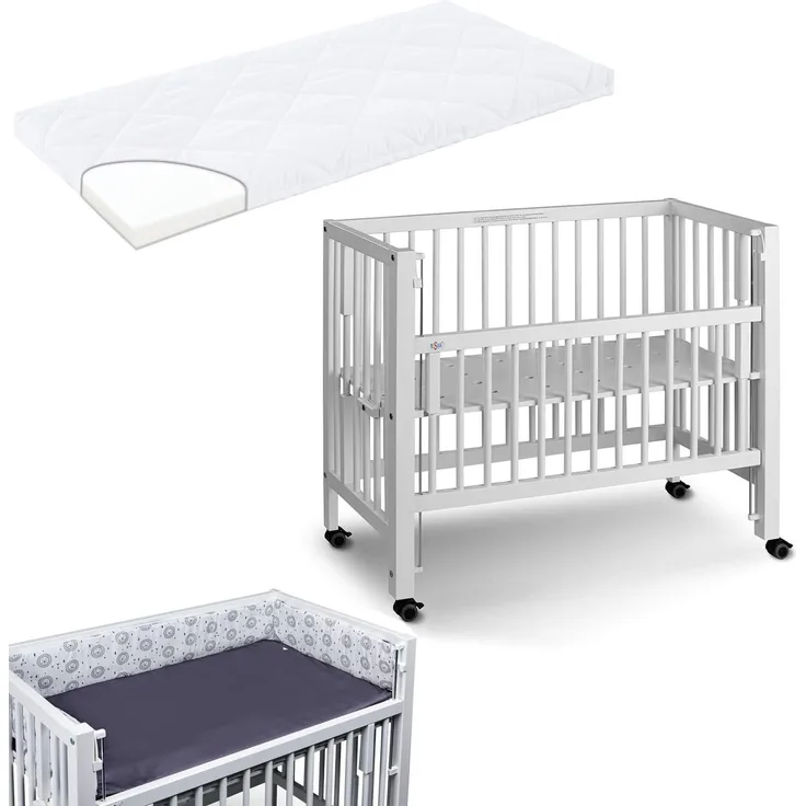 Tissi Beistellbett Sophie, Anstellbett inkl. Matratze und Nestchen, verstellbare Bodenplatte, umwandelbar in Stubenwagen, hochwertige Materialien