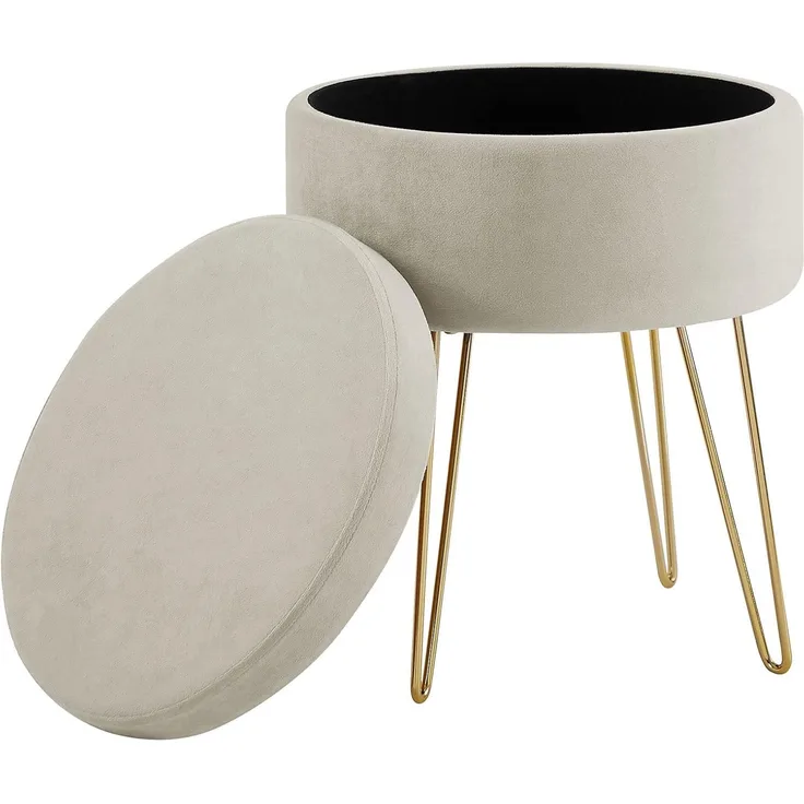 Zedelmaier Runder Sitzhocker Schminktisch Hocker Ottoman Gepolsterter Hocker Abnehmbarer Bezug Metallstütze (Beige)