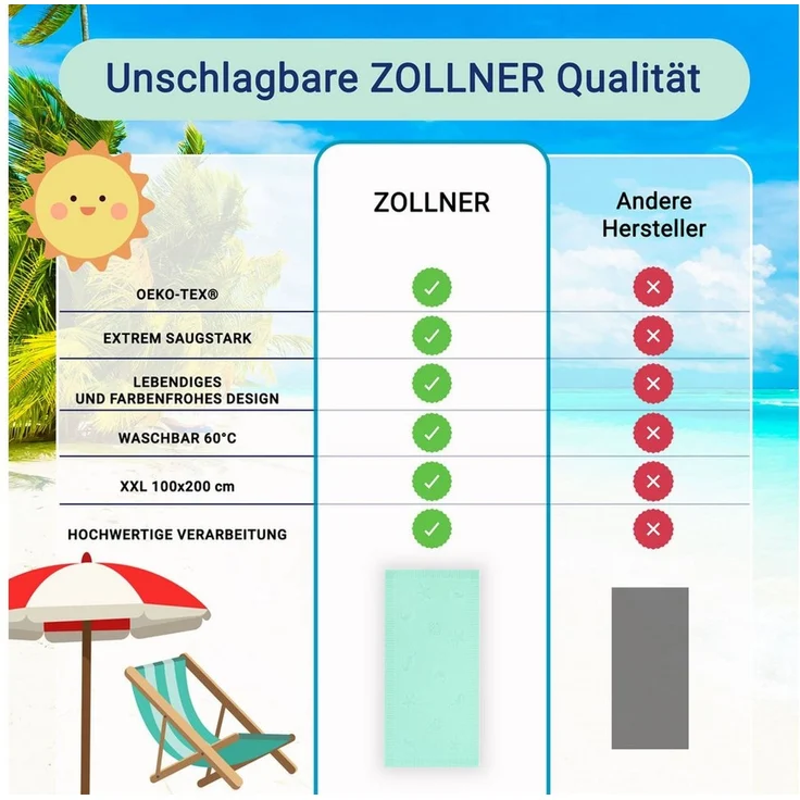 ZOLLNER Strandtuch, Frottier (1-St), 100 x 200 cm, 100% Baumwolle, vom Hotelwäschespezialisten – Bild 3