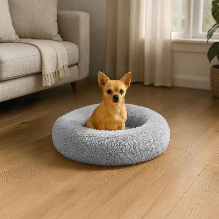 belviona Donut-Hundebett, kuscheliges Plüschbett mit weicher Füllung, sicherem Halt & ergonomischem Rand, 40 cm Durchmesser, hellgrau – Bild 1