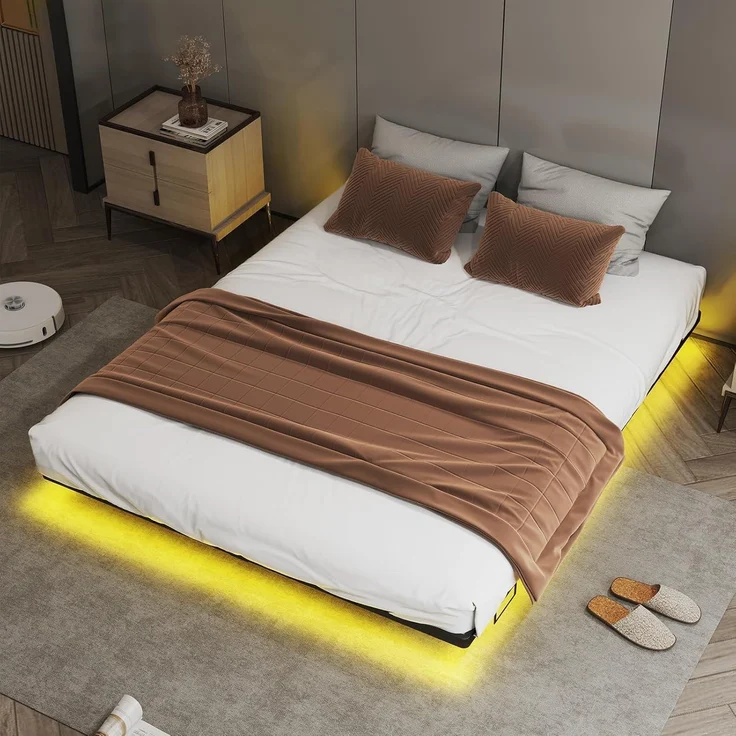 COMHOMA Bettrahmen Metallbett Gästebett Bettgestell aus Metall, mit LED & Steckdosen, Jugendbett 120x190, App & Fernbedienung, stabile Konstruktion mit Lattenrost, 180 kg – Bild 1