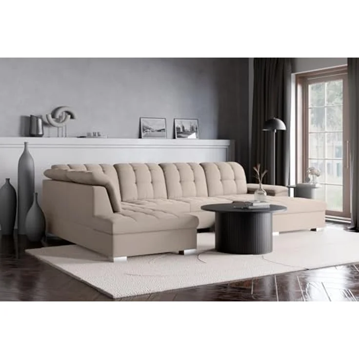 Selsey Ecksofa 330 x 212 cm U-Form Beige Modular Couch Sofa Mit Schlaffunktion Ottomane Sofa Mit Stauraum/Bettkasten verstellbare Kopfstützen Wasserabweisend, Abriebfest Rechtse Seite – Bild 5