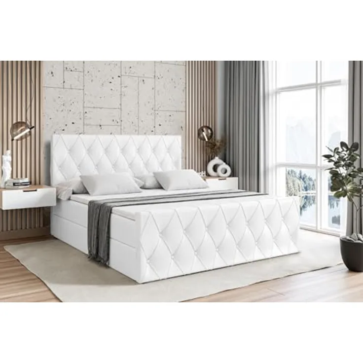 ALTDECOR AMAY Boxspringbett 180x200 cm, Polsterbett mit 21 cm hoher Matratze (H4), 4 cm Topper und Bettkasten, Weiß Kunstleder