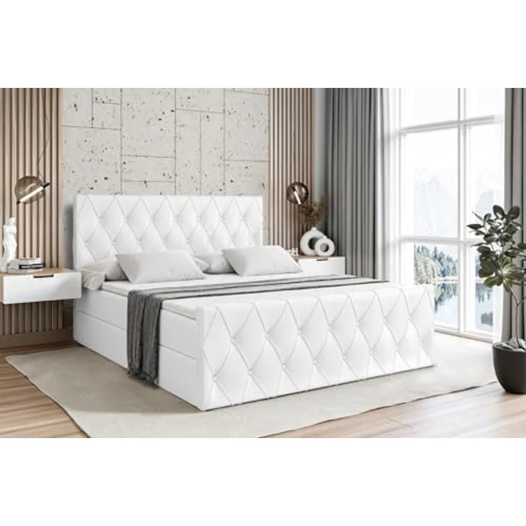ALTDECOR AMAY Boxspringbett 180x200 cm, Polsterbett mit 21 cm hoher Matratze (H4), 4 cm Topper und Bettkasten, Weiß Kunstleder – Bild 1