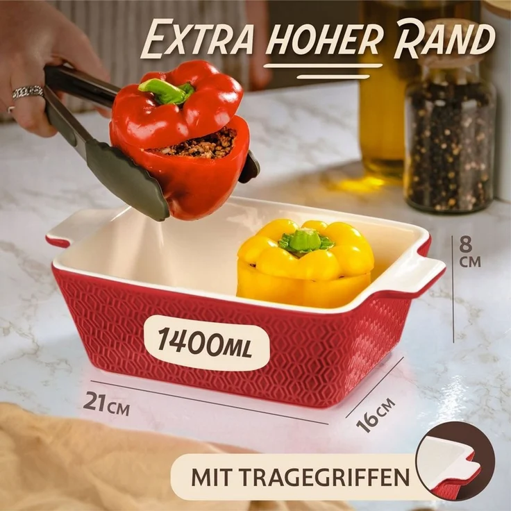 Praknu Auflaufform Auflaufform Keramik Rot für 2 Personen - Extra Hoher Rand - Für – Für, Porzellan - Keramik, (1-St), Für 2 Personen Lasagne, Tiramisu & Auflauf - Hoher Rand - Eckig – Bild 3
