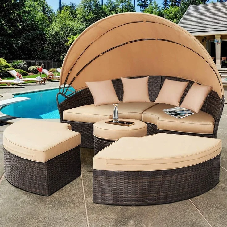 Polyrattan Sonneninsel 180cm Gartenmuschel Sonnenliege Loungebett braun/beige – Bild 1