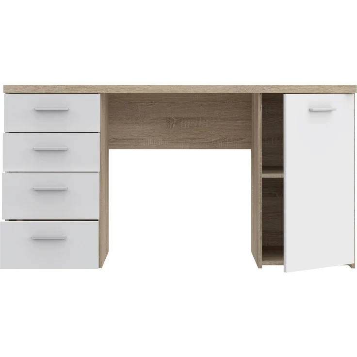Schreibtisch >NET106< mit 4 Schubladen und Tür, in Sonoma Eiche Dekor / Weiß - 145x76,3x60cm (BxHxT) – Bild 4