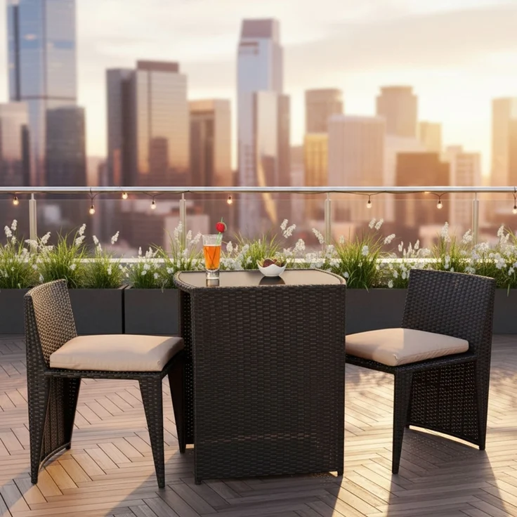 3tlg. Polyrattan Lounge Gartenset Sitzgruppe in Schwarz Tisch mit 2 Stühlen – Bild 1