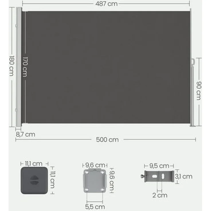 SONGMICS Seitenmarkise mit Stahl-Kasten, rostbeständig, ausziehbar, Anthrazit, 180x500 cm – Bild 2