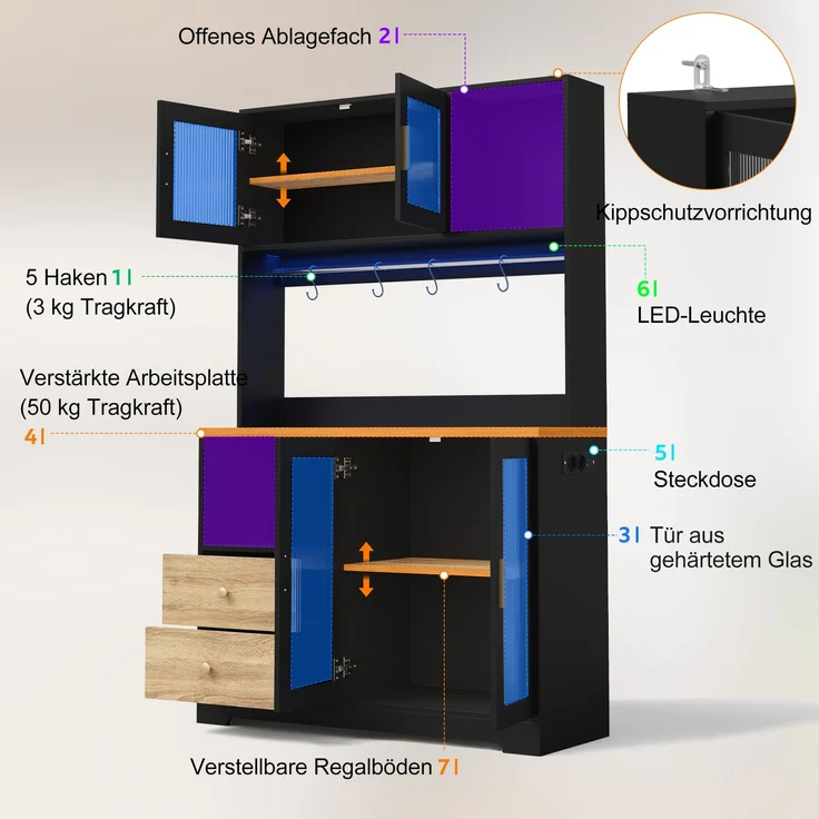178 cm Küchenschrank, Hochschrank mit LED, Küchenregal mit Steckdose, Vitrine mit Türen aus gehärtetem Glas, Weinregal, Schwarz mit Holzoptik verstärkter Arbeitsplatte--Schwarz--110x40x178cm--YOUDENOVA – Bild 4