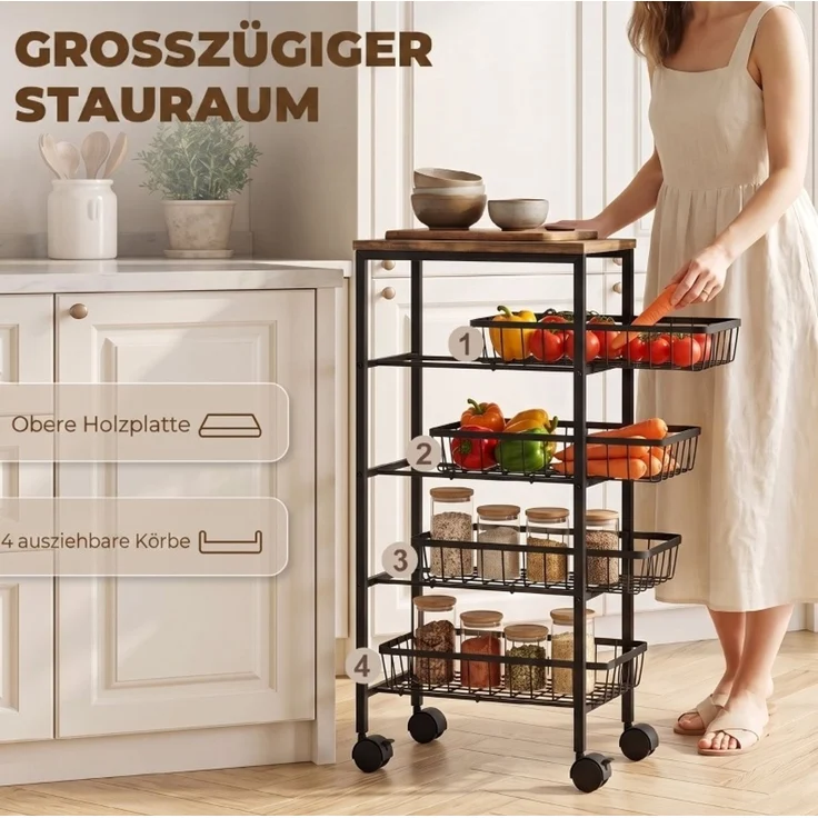 Küchenwagen mit 4 Ausziehkörben, Ablagefläche und Rollen, 40x24x81,5 cm, Braun – Bild 7