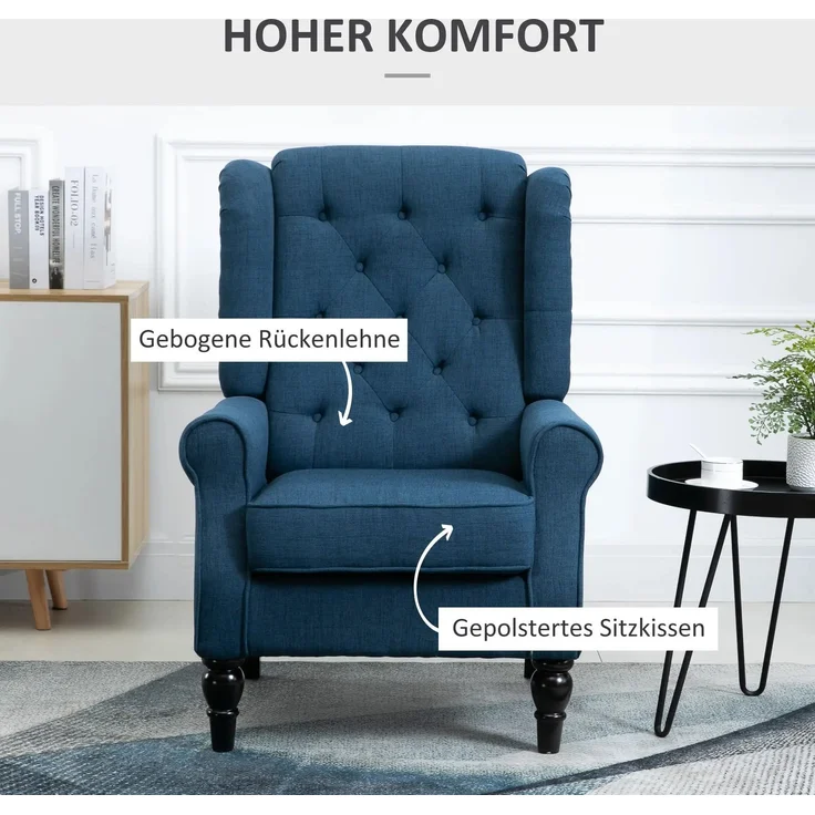 Ohrensessel Sessel mit Tufting, hoher Rückenlehne, Gepolstert Loungesessel mit abgerundeten Armlehnen, Holzbeine, für Schlafzimmer, Wohnzimmer, bis 160 kg, Blau--Blau--74x86x102cm--YOUDENOVA – Bild 5