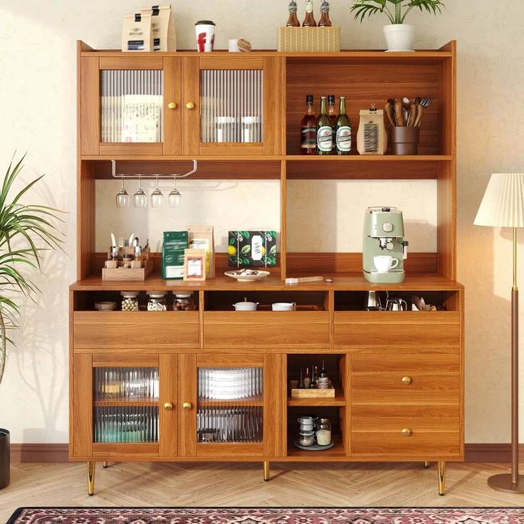 Restaurant-Hochschrank (145 x 39 x 171 cm), modernes und schlichtes Design, mit Changhong-Glastür, Weinglasregal, mehrschichtigem Stauraum, Holzstruktur und Golddekoration, geeignet für Restaurants--Walnussbraun--145x39x171cm--YOUDENOVA – Bild 1