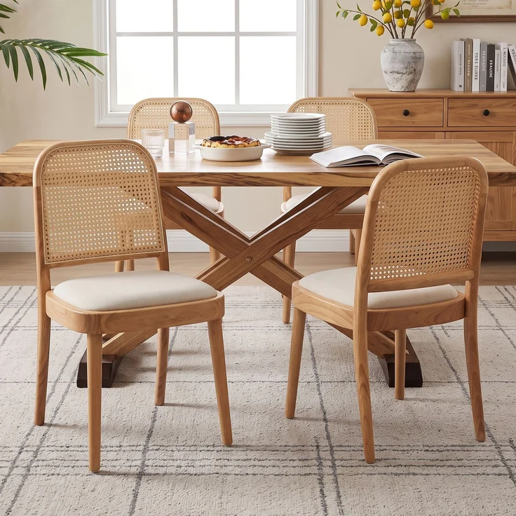 6 Esszimmerstühle aus Massivholz mit Rattan-Rückenlehnen, bequem und atmungsaktiv, geeignet für Esszimmer, Wohnzimmer, Cafés, moderner Stil, Leinen, Holzfarbe--Holz--52x45x84cm--YOUDENOVA – Bild 2