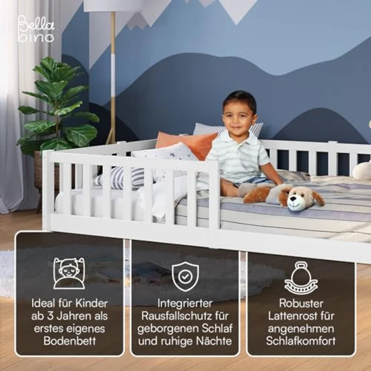 Bellabino Vere Bodenbett 120x200 cm – Montessori Kinderbett mit Rausfallschutz & Lattenrost, Massives Boden Bett für Jungen & Mädchen aus Holz Kiefer – Kleinkindbett in Weiß – Bild 3