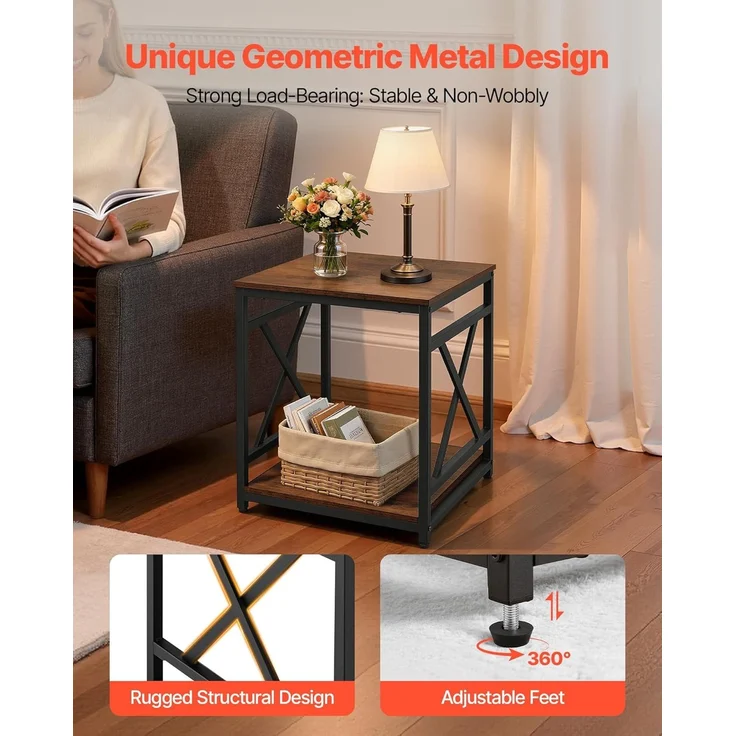 VEVOR Beistelltisch 2-stufiger Nachttisch mit Offenen Ablagefächern, Moderner Nachttisch mit X-förmigem Metallgestell, Couchtisch aus Holz für Wohnzimmer Schlafzimmer Büro, Braun Schwarz – Bild 6