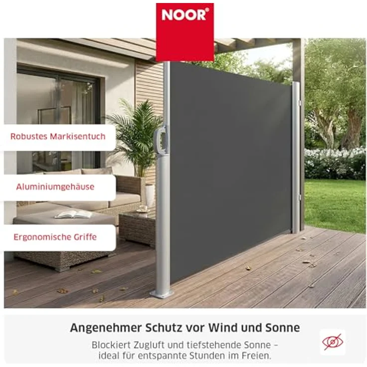 NOOR Seitenmarkise Exklusiv 200x350 cm Anthrazit I Der ideale Sichtschutz für Balkon, Terrasse & Garten I Sonnenschutz/Regenschutz/Windschutz inkl. Befestigungen I Imprägniert und wasserabweisend – Bild 4